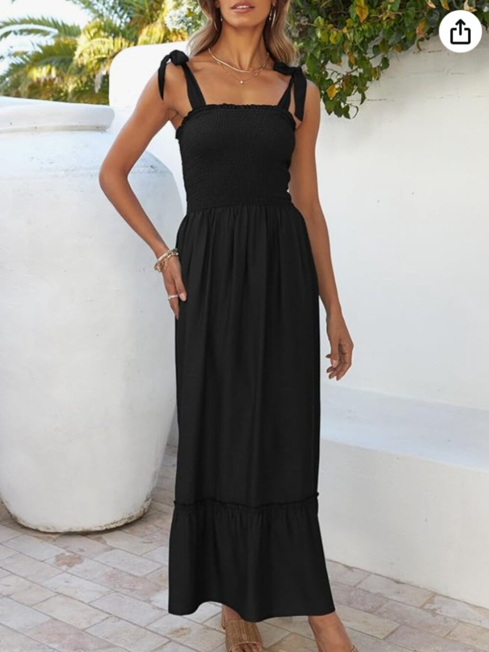 ZESICA Women's Summer Boho Spaghetti Strap Square Neck Solid Black Ruffle Size L